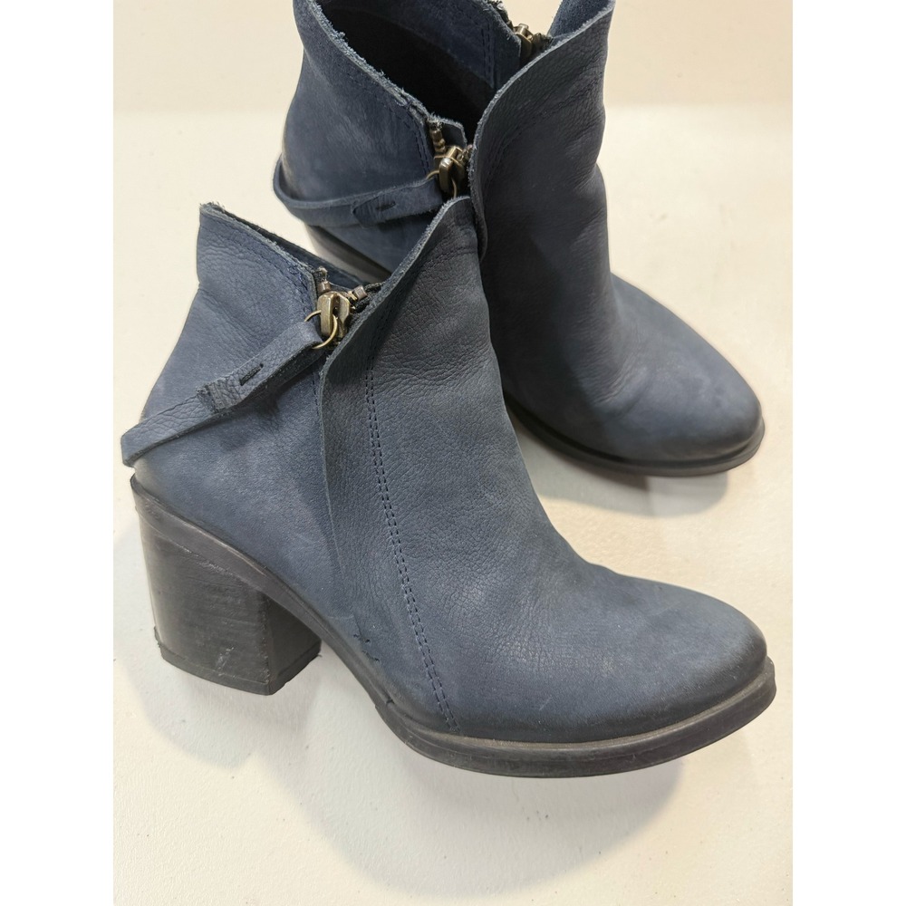 Ethic Blue Leather Asymmetrical Zip Ankle Boots Block Heel Made Turkey Size 36